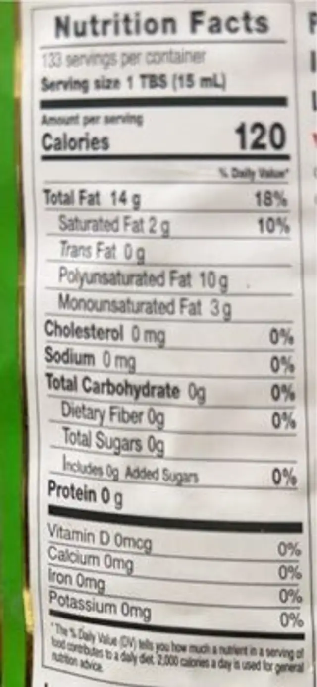 Pure Grapeseed Oil nutrition facts table