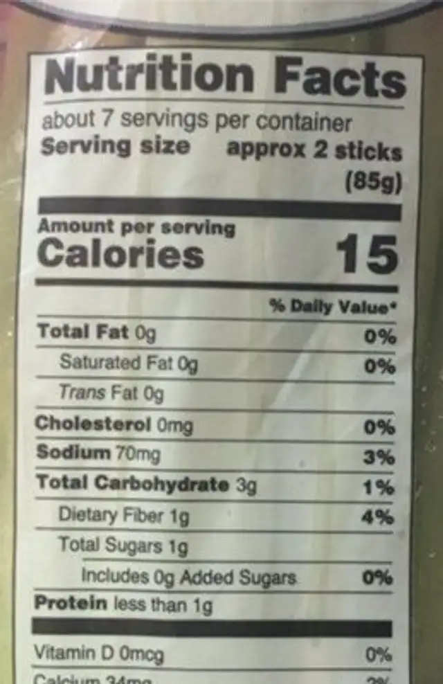 Celery sticks nutrition facts table