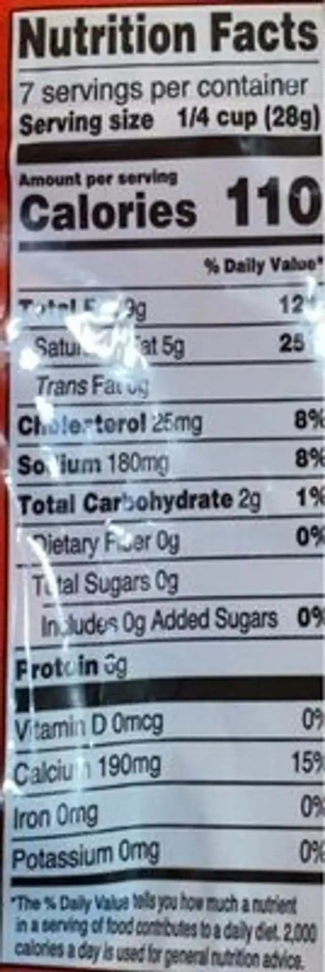 Extra sharp Cheddar nutrition facts table