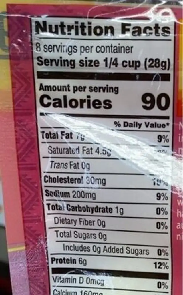 Oaxaca Shredded Cheese nutrition facts table