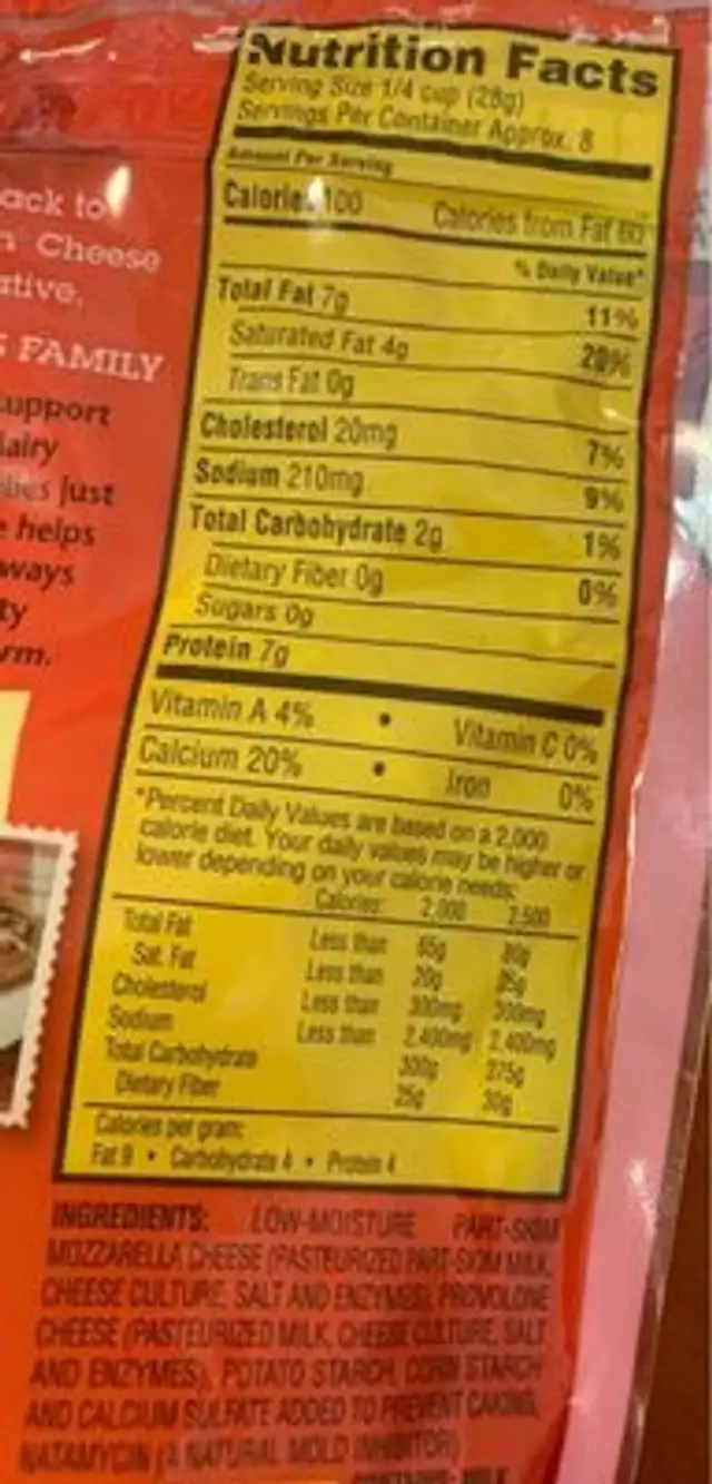 Mozzarella & Provolone low moisture part-skim cheese nutrition facts table