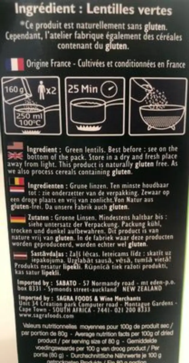 Lentilles vertes ingredients label