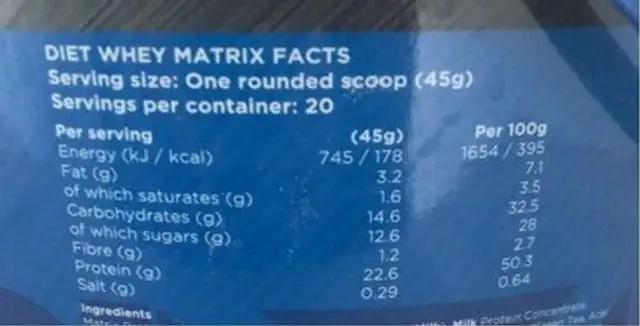 Diet  whey matrix nutrition facts table