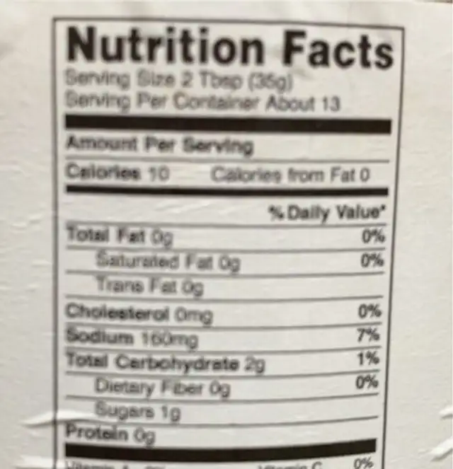 Salsa Caliente nutrition facts table