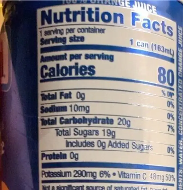 Blue bird orange juice nutrition facts table