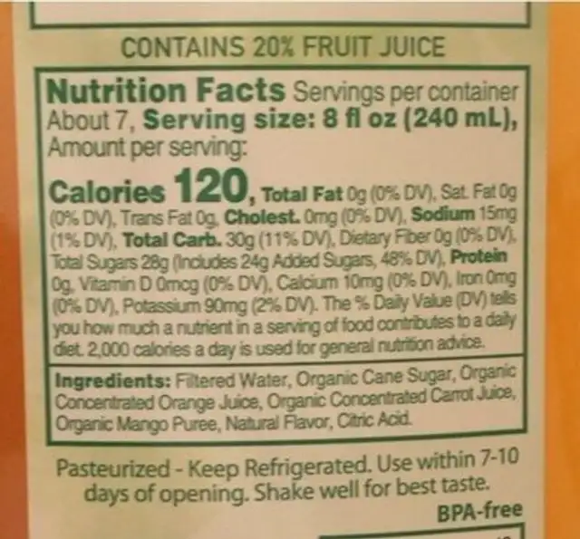 Organic orange carrot mango fruit juice nutrition facts table