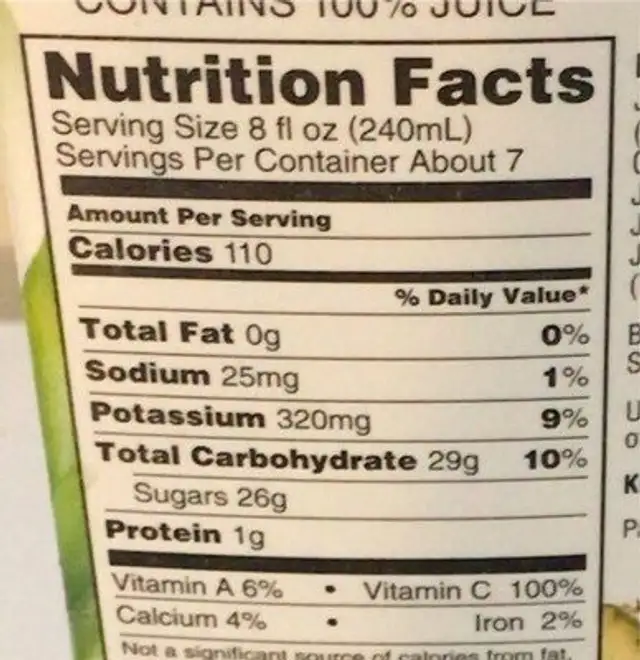 Tree ripe 100% juice blend from concentrate nutrition facts table