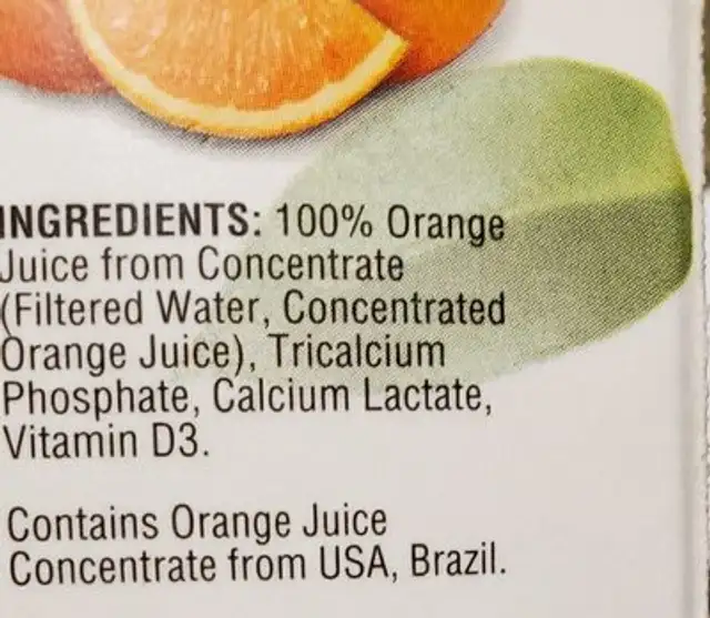 Orange Juice ingredients label