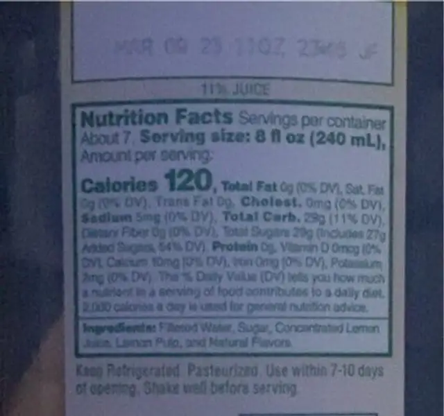 Tree ripe premium lemonade juice nutrition facts table