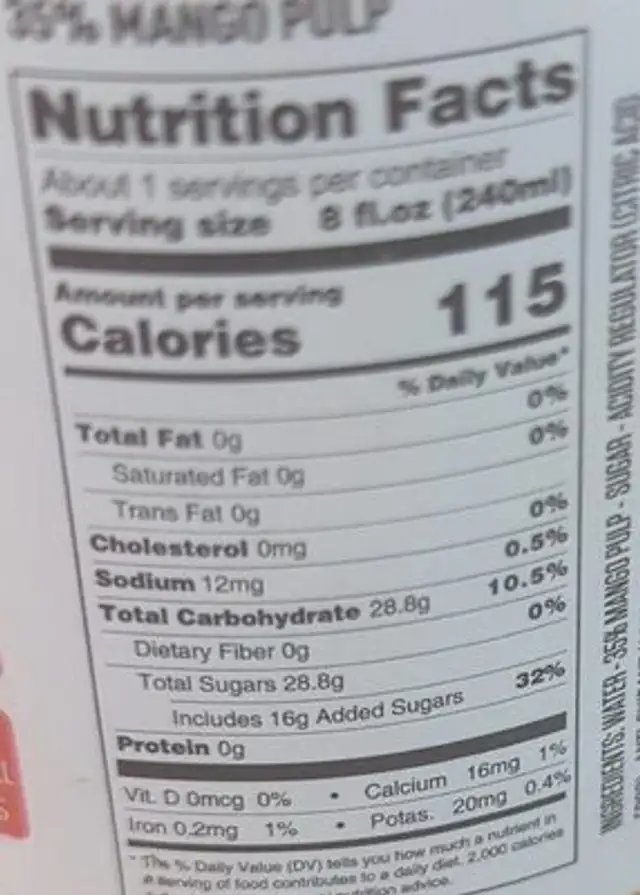 Mango nectar nutrition facts table