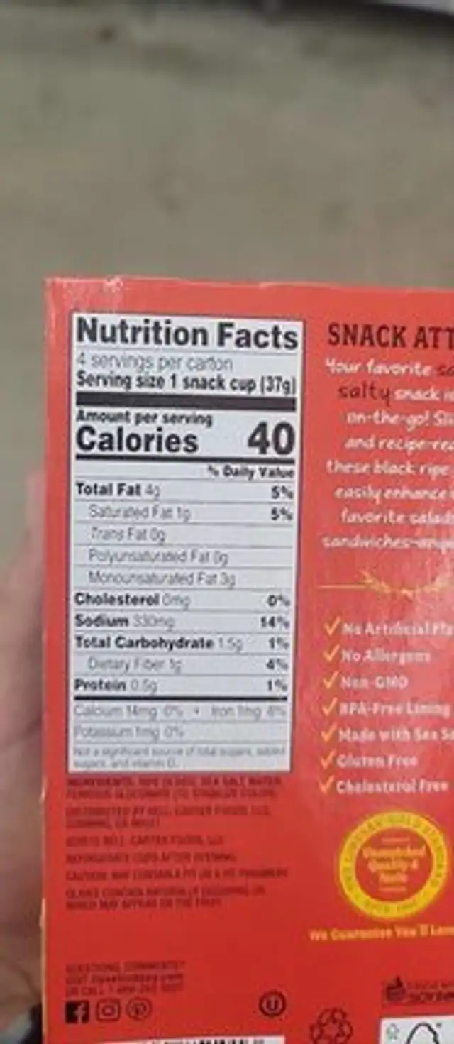 Snack Sliced Black Olives nutrition facts table
