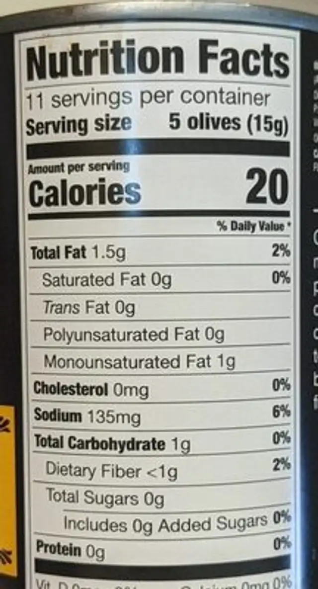Medium Pitted Ripe Black Olives nutrition facts table