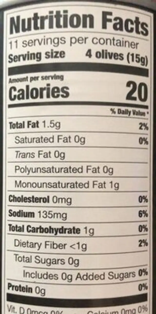 Pitted Ripe Large Black Olives nutrition facts table