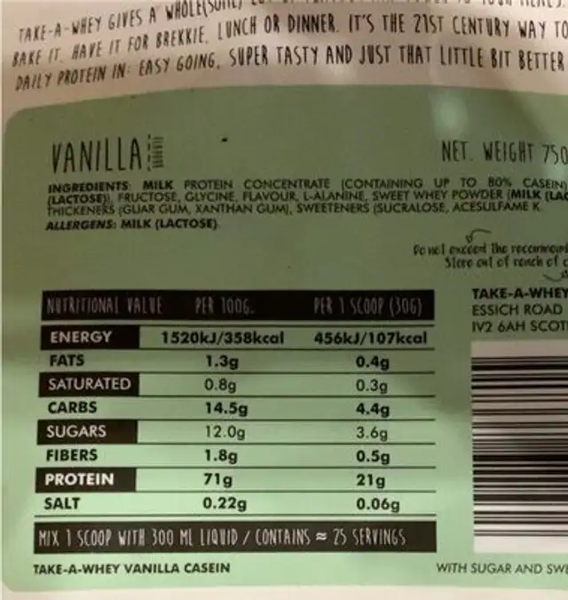 Take a Whey nutrition facts table