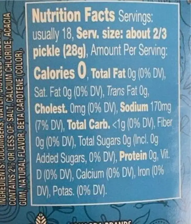 Kosher Dill Wholes Purely Pickles nutrition facts table