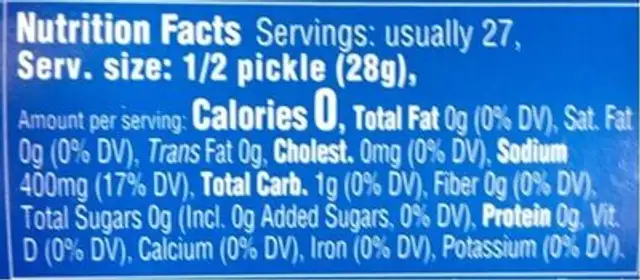 Original Wholes Dill nutrition facts table