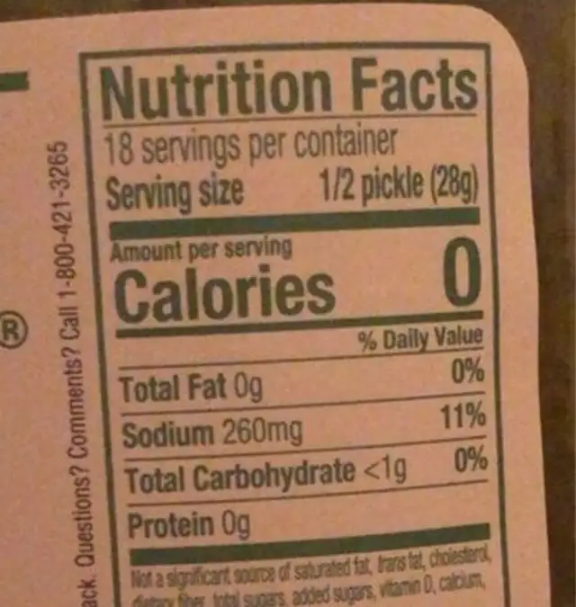 Milwaukee's kosher dill nutrition facts table