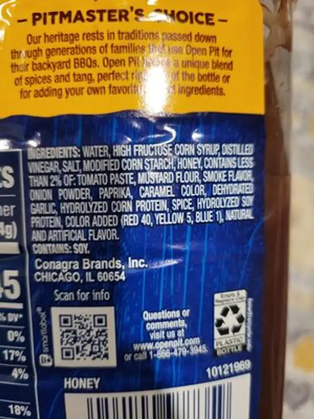 Open pit, authentic barbecue sauce, honey ingredients label