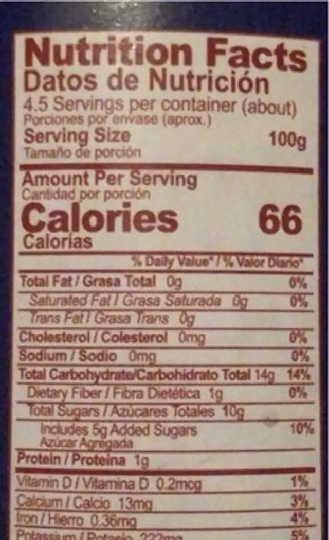 Nance En Almíbar nutrition facts table
