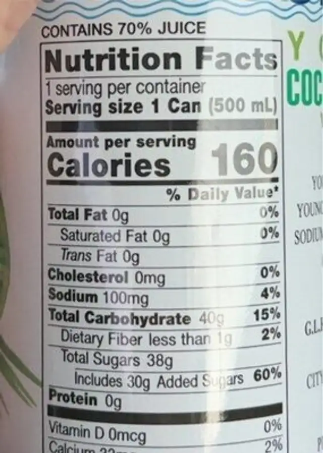 Lucia coconut juice nutrition facts table