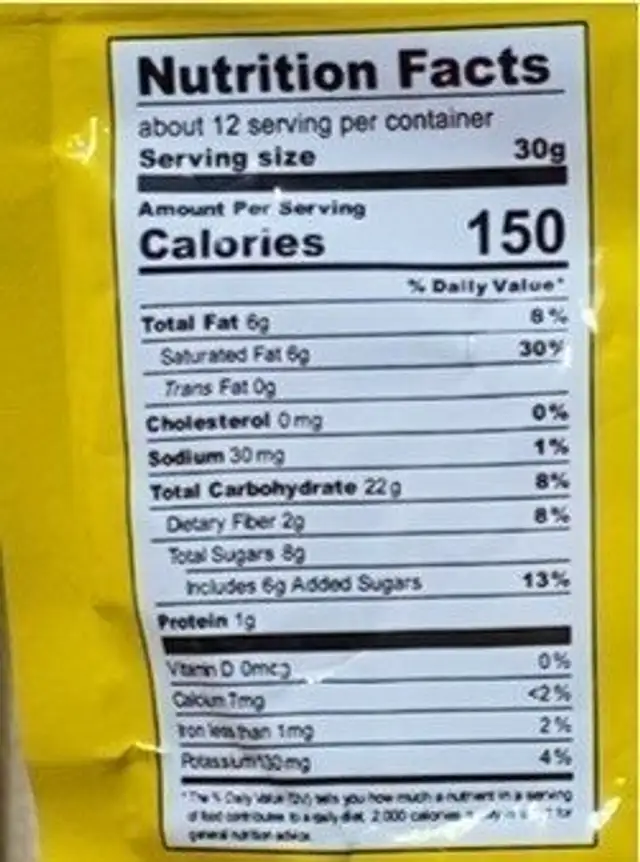 Banana Chips nutrition facts table