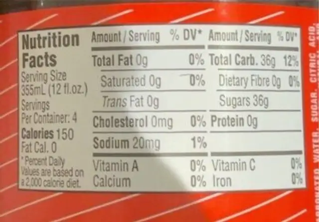 Kola champion nutrition facts table