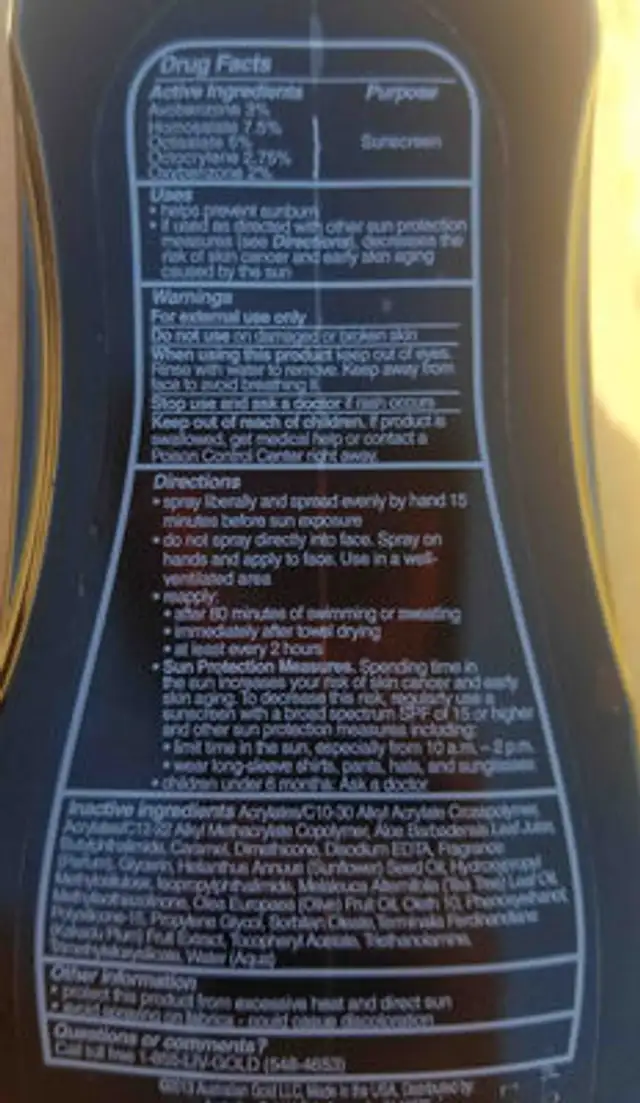 30 Spraygel Sunscreen with Instant Bronzer Broad Spectrum SPF 30 ingredients label