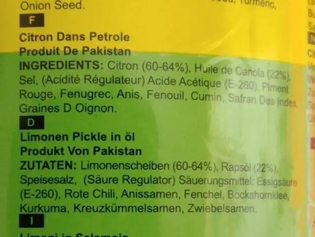 Lime pickle in oil ingredients label