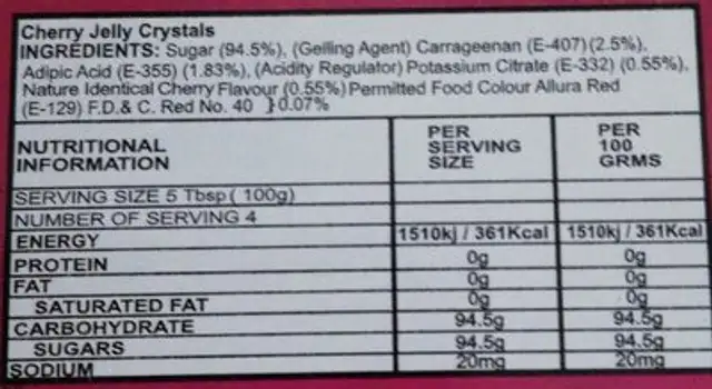 Cherry jelly crystals ingredients label
