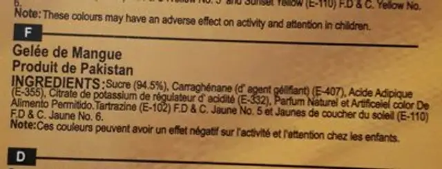Ahmed Halal Mango Jelly 85G ingredients label