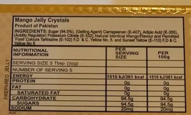 Ahmed Halal Mango Jelly 85G nutrition facts table