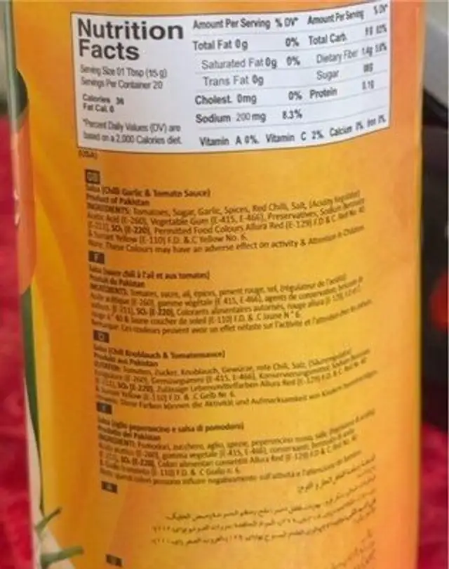 Salsa chilli garlic sauce nutrition facts table