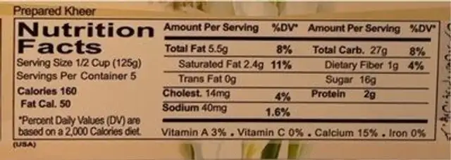 kheer mix nutrition facts table