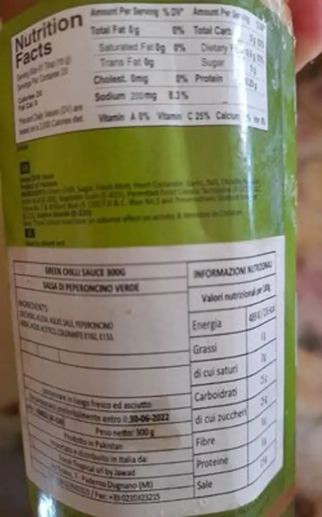 Green Chilli Sauce nutrition facts table