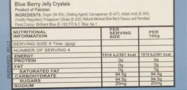 Jelly nutrition facts table
