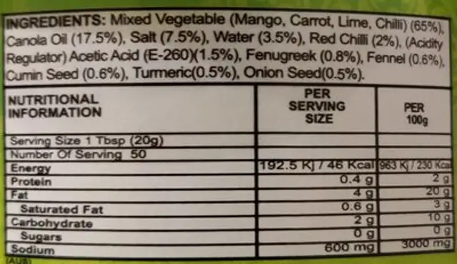 Mixed pickle in oil nutrition facts table