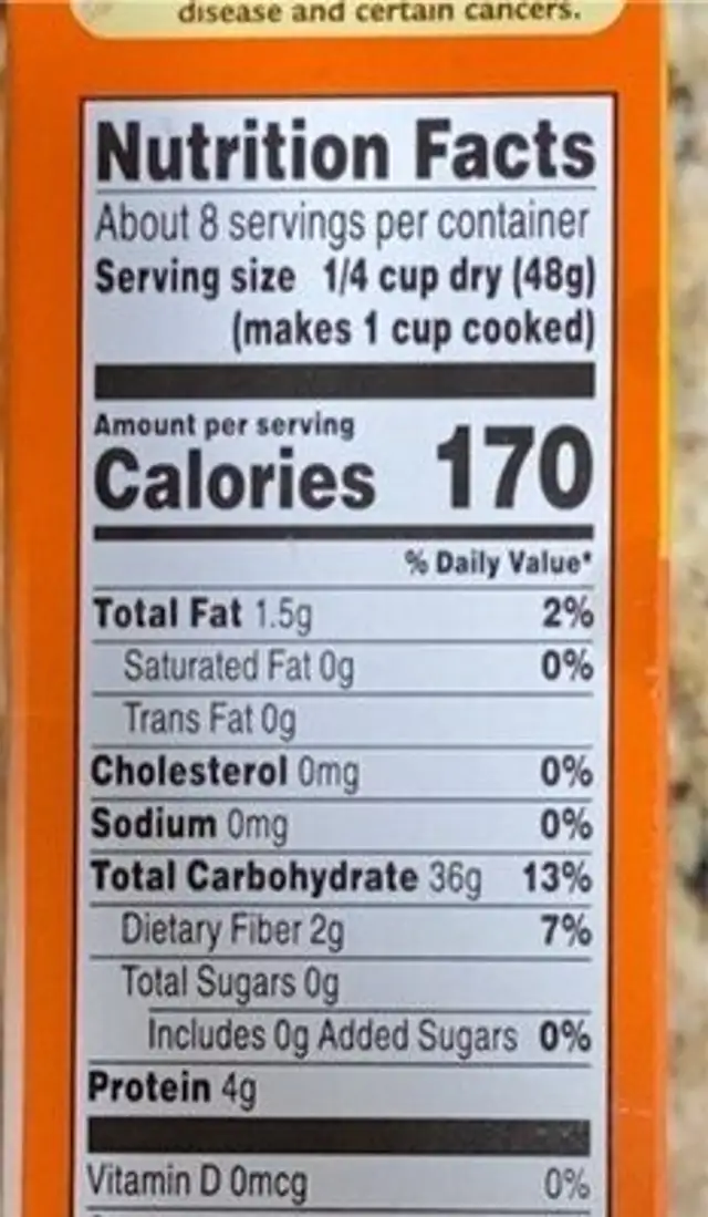 Whole grain brown rice nutrition facts table