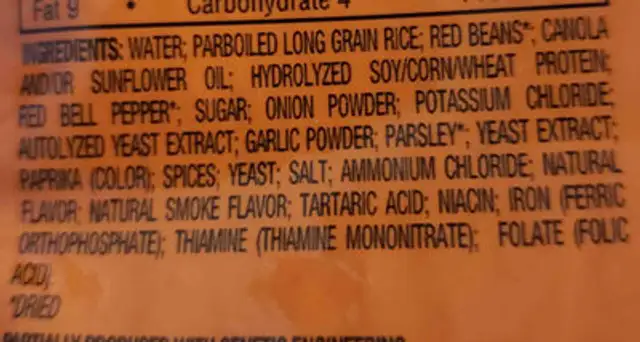 Red beans & rice with blend of smokey savory seasonings ingredients label
