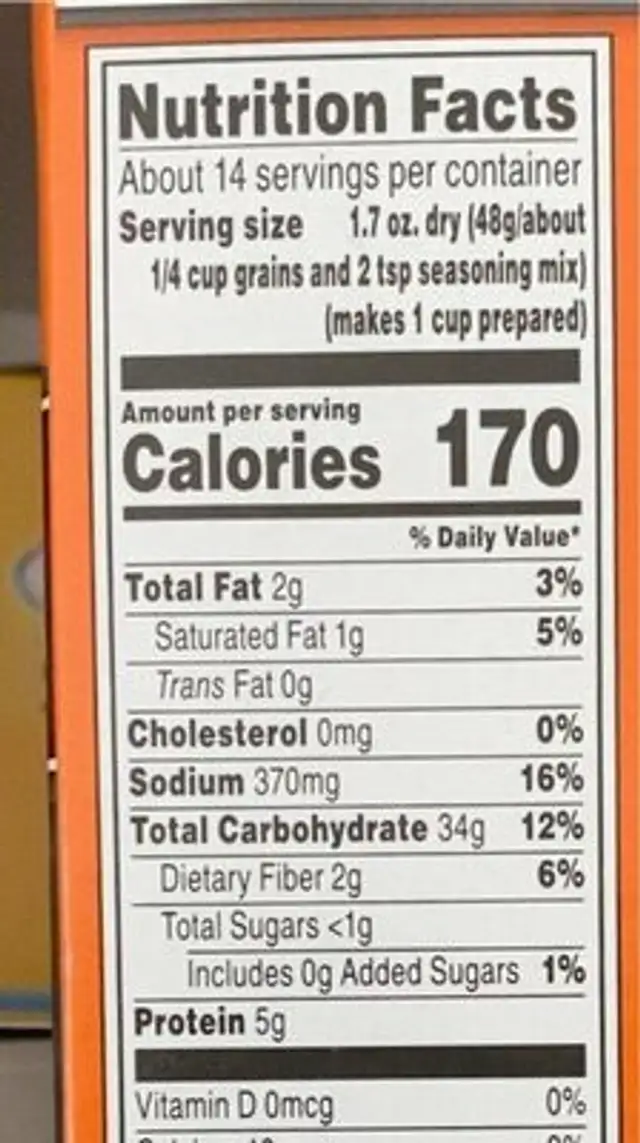 Roasted chicken flavored brown rice nutrition facts table