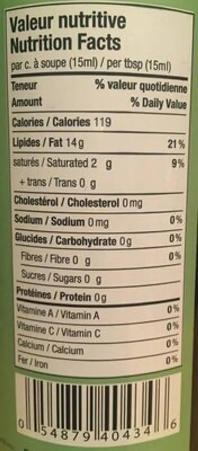 Huile d'olive nutrition facts table