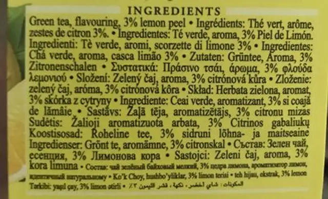 Ahmad Green Lemon Tea ingredients label