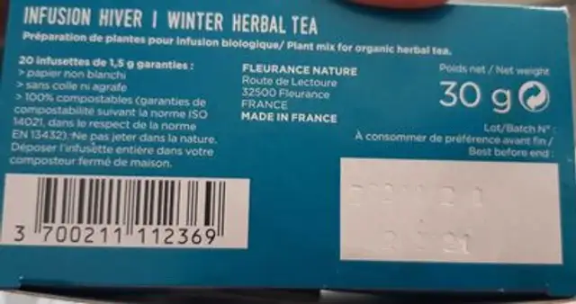 Infusion hiver nutrition facts table