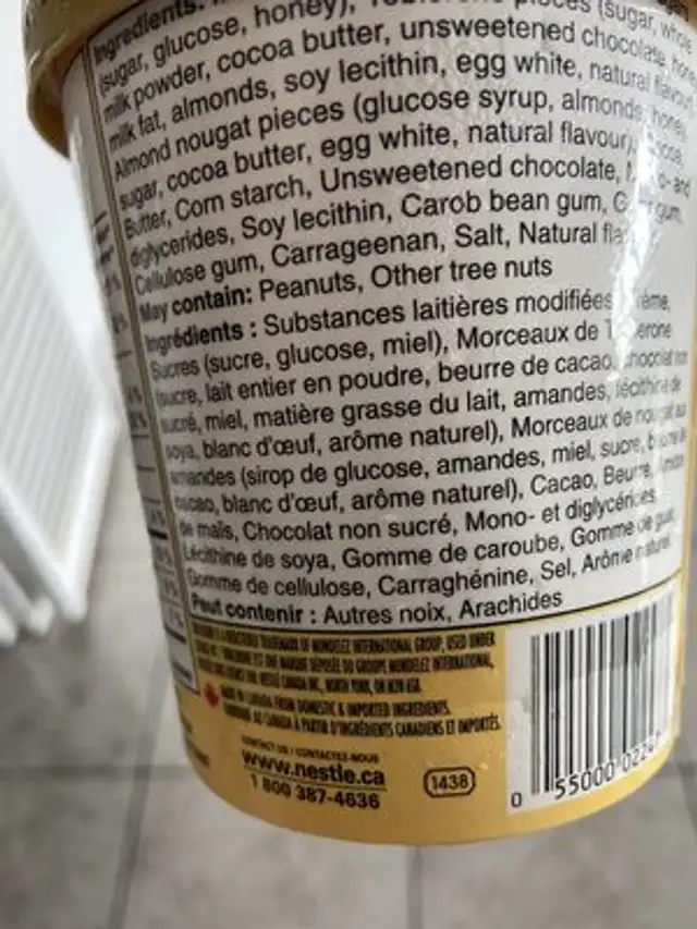 Glace Toblerone ingredients label
