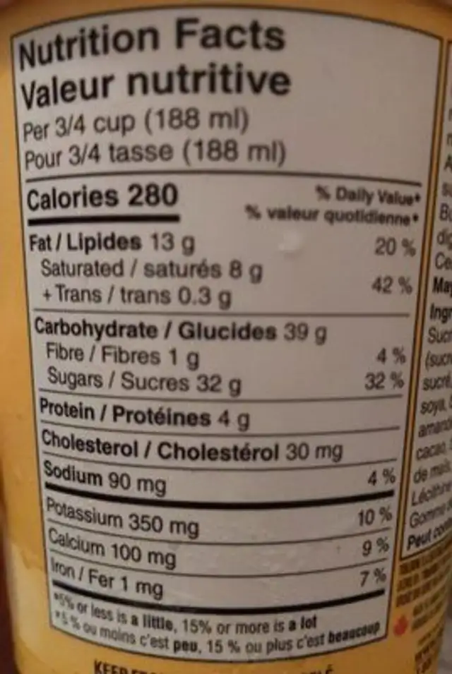 Glace Toblerone nutrition facts table