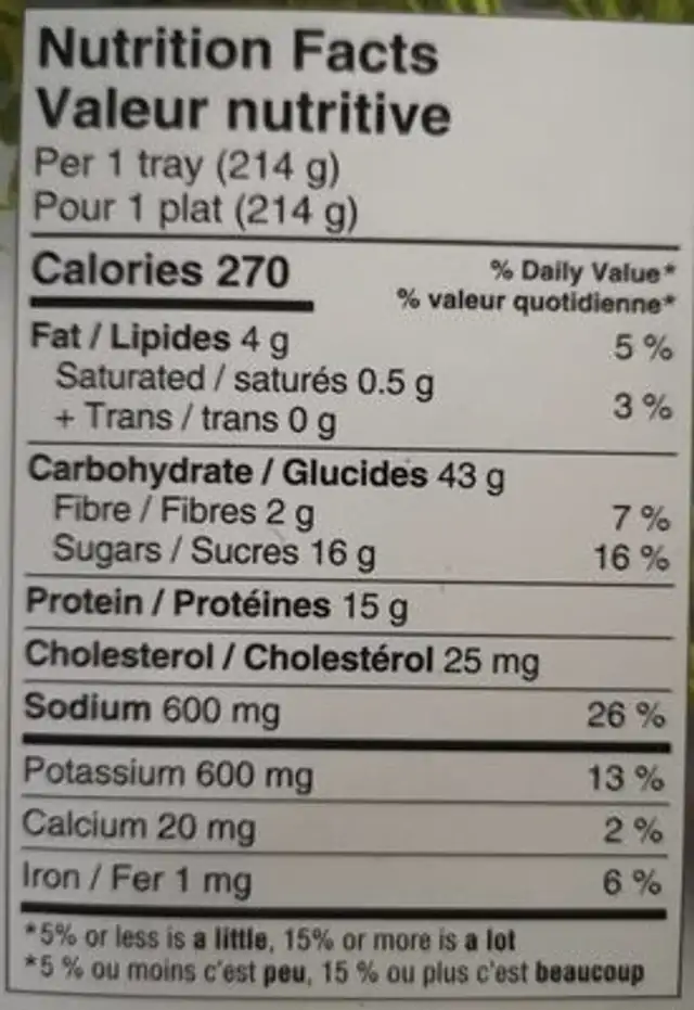 Poulet teriyaki nutrition facts table
