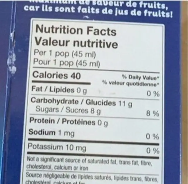 Minis pop au jus cerise/mangue/pêche nutrition facts table