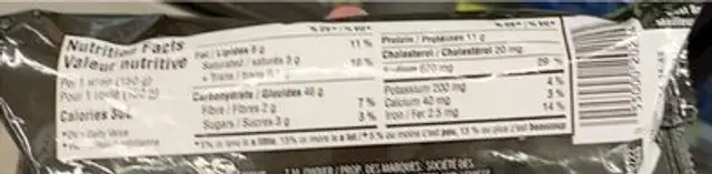 Fit Wraps nutrition facts table