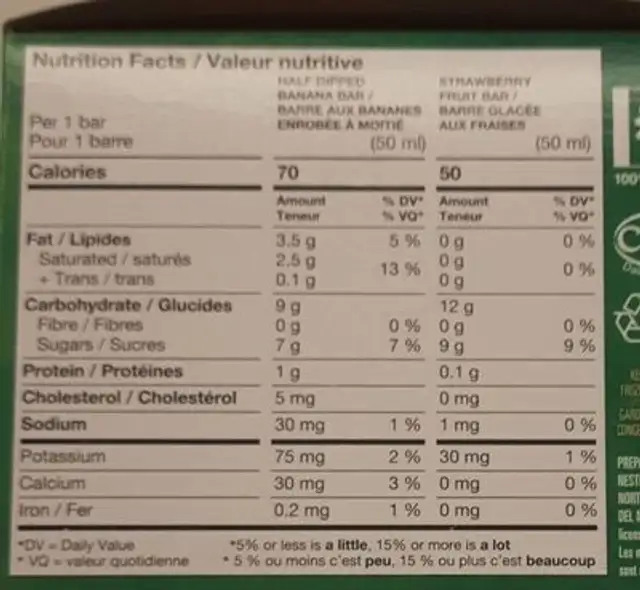 Assortiment de barres glacées nutrition facts table