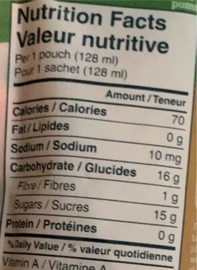 Purée de pomme nutrition facts table