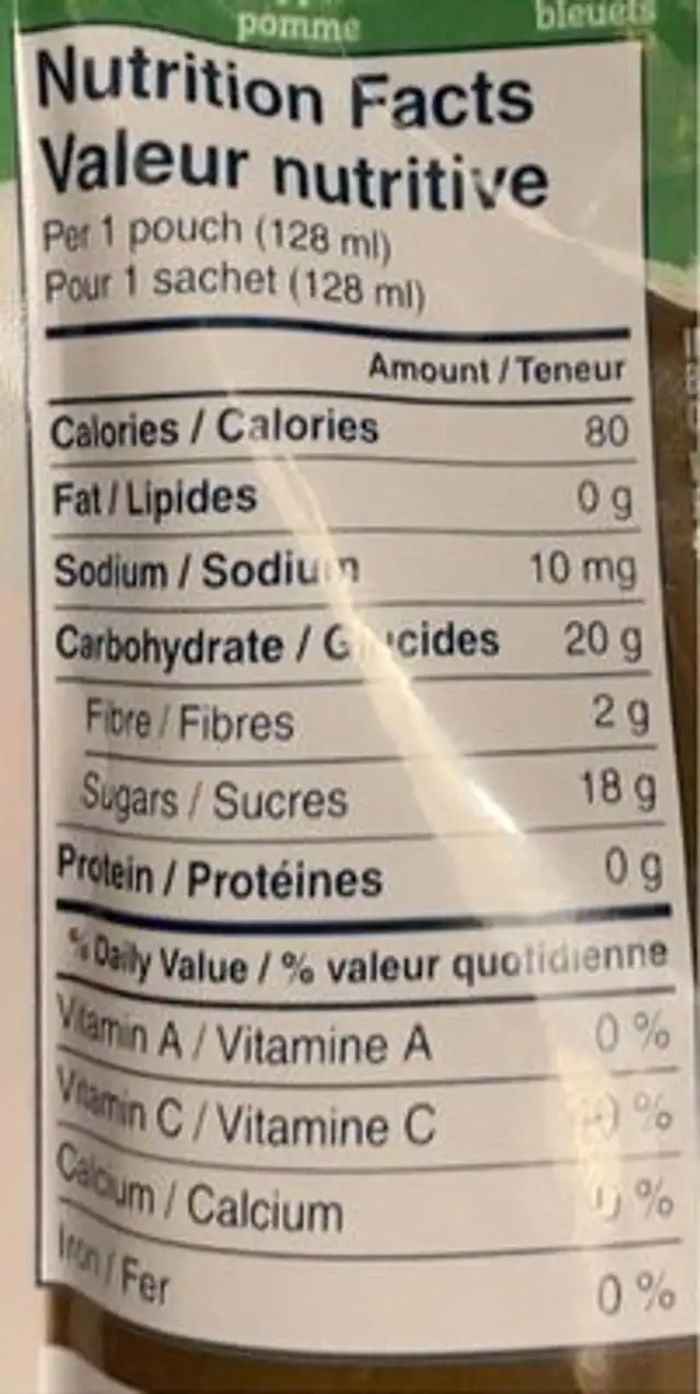 Puree Apple Blueberries Spinach nutrition facts table